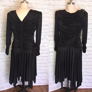 Slinky 80s Party Dress Black 1980s Long Sleeve Hanky Zig Zag Hem Goth